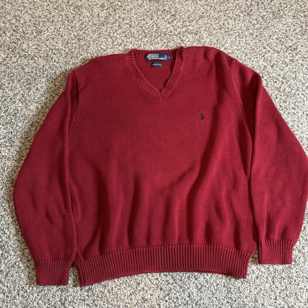 Polo Ralph Lauren Sweater Men's Size Large Red 100% Cotton Crew V Neck Pony Logo